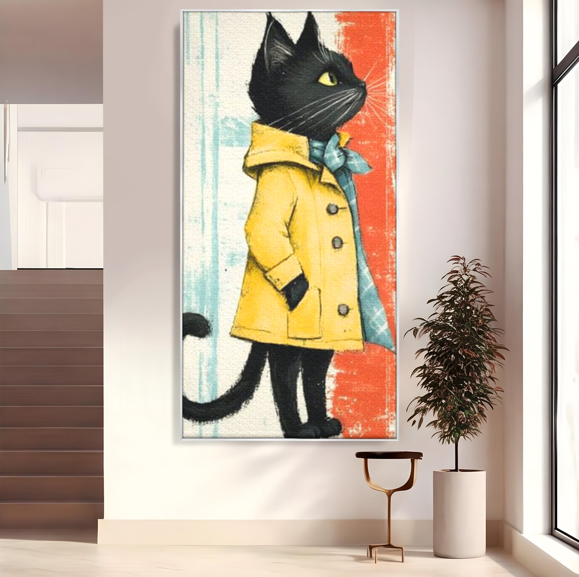 Tablou canvas cu ilustratie cu pisica in pelerina galben, in rama de aluminiu argintiu